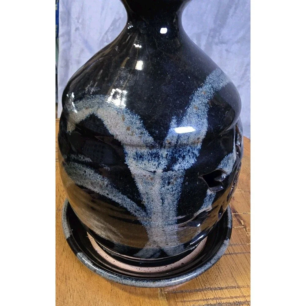 Midnight Sun Pottery Garold Amsberry Ceramic Candle Holder Black Green Marbled